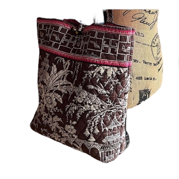 VERA BRADLEY  Large Tote in Brown Pink White Asian Inspired print with pink trim - Picture 5 of 16
